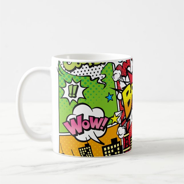 City-Hintergrundmaterial mit Comic Art Spee Kaffeetasse (Links)
