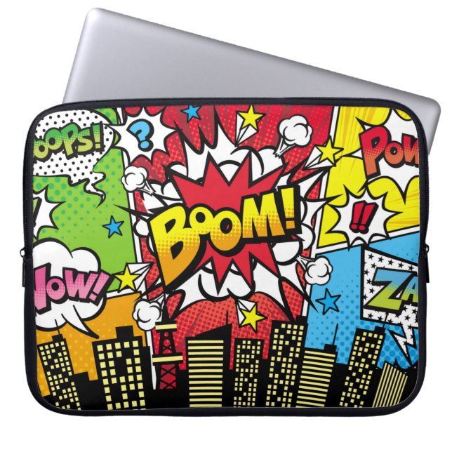 City-Hintergrundmaterial mit Comic Art Spee Laptopschutzhülle (Vorderseite)