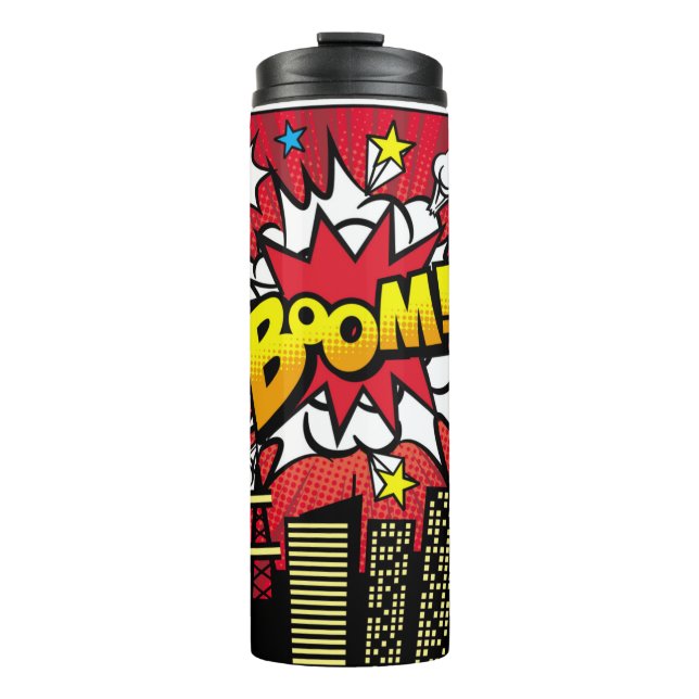 City-Hintergrundmaterial mit Comic Art Spee Thermosbecher (Vorderseite)