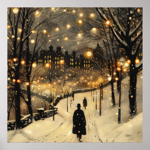 City Lights Winter Men in Black on Sidewalk Poster