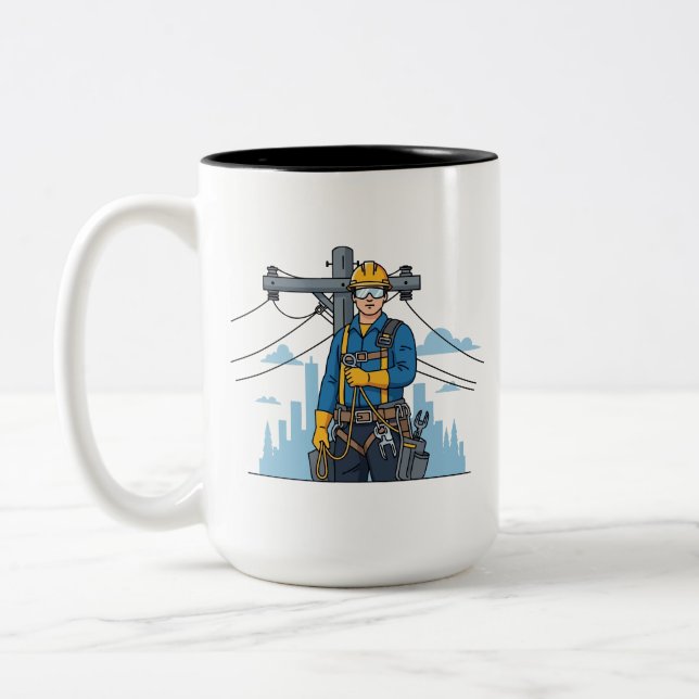 City Lineman Hero Portrait | Electrical Utility Zweifarbige Tasse (Links)