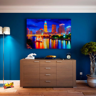 City Neon River Wolkenkratzer helle bunt Kunst Leinwanddruck