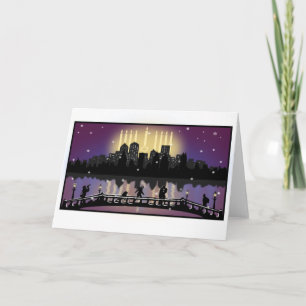 City Night Skyline Hanukkah Menorah Grußkarte Feiertagskarte