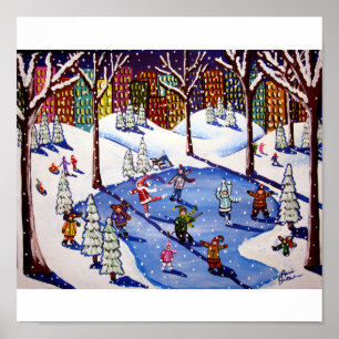 City NYC Ice Skaten Fun Winter Folklorekunst Print Poster