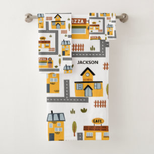 City Road Map Muster für Kinder Gelb und Grau Badhandtuch Set