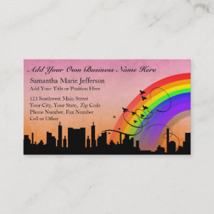 City Skyline mit Regenbogen und Vogelfliegen Rabattkarte