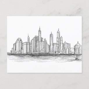 City Skyline Sketch Schwarz-Weiß Postkarte