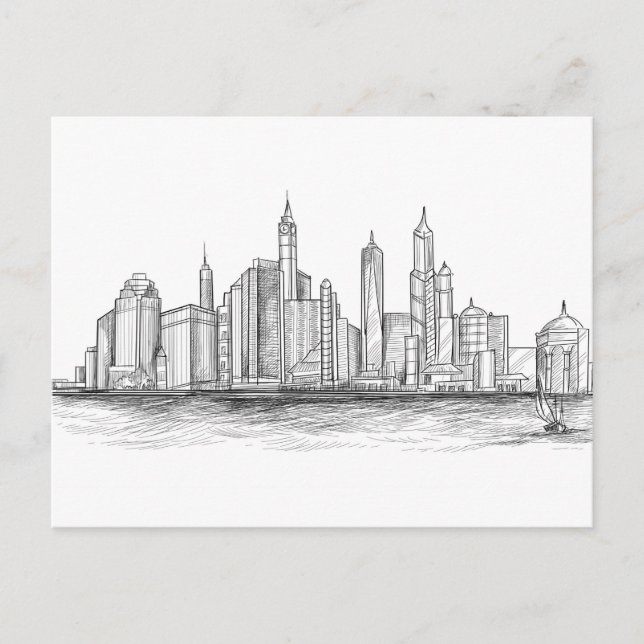 City Skyline Sketch Schwarz-Weiß Postkarte (Vorderseite)