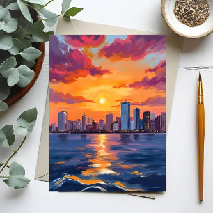 City Skyline Sunset Watercolor Postkarte