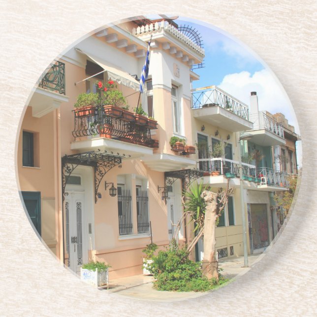 City Street in Griechenland mit Zuhause Rnd Unters Getränkeuntersetzer (Vorne)