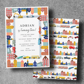 City Transportation Vehicles Truck Second Birthday Einladung