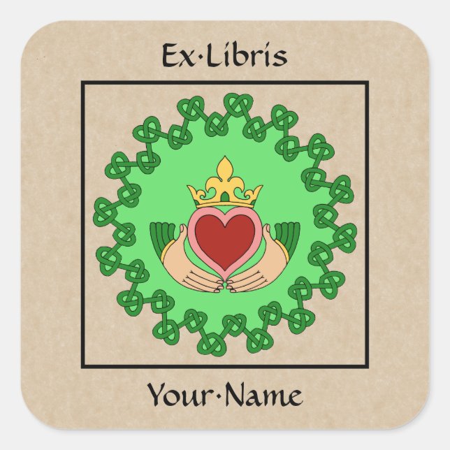 Claddagh und Green Knüpfarbeit Buchzeichen Quadratischer Aufkleber (Vorderseite)
