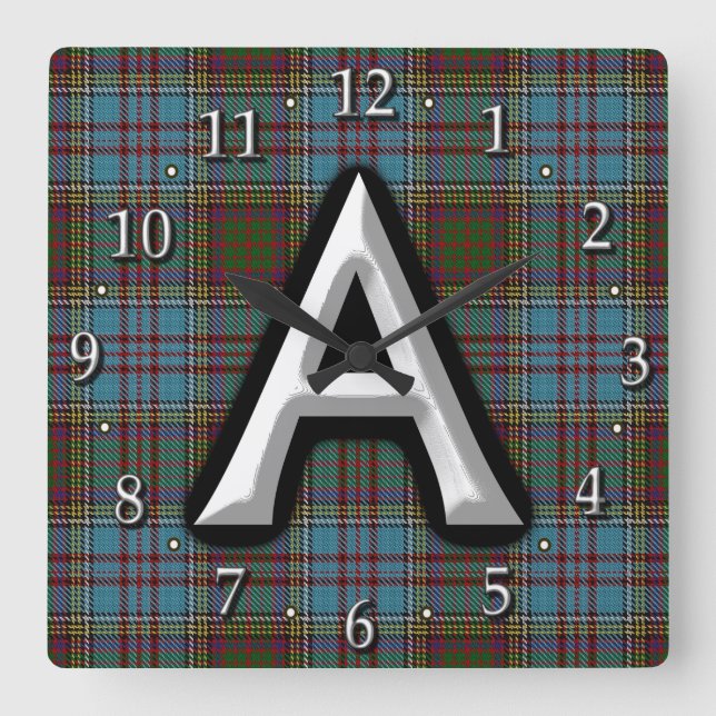 Clan Anderson Letter A Monogram Tartan Quadratische Wanduhr (Vorderseite)