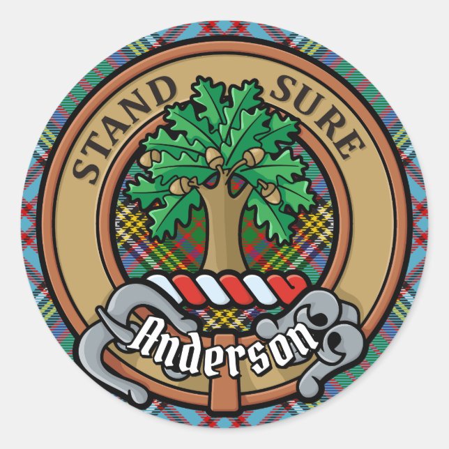 Clan Anderson Wappen über Tartan Runder Aufkleber (Vorderseite)