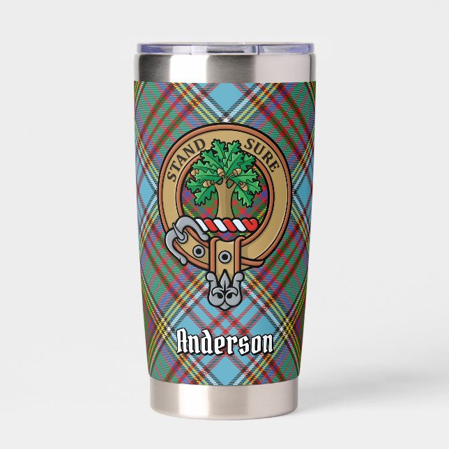 Clan Anderson Wappen über Tartan Thermobecher (Vorderseite)
