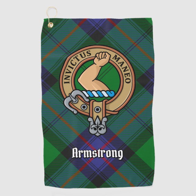 Clan Armstrong Wappen über Tartan Golf Towel Golfhandtuch (Vorderseite)