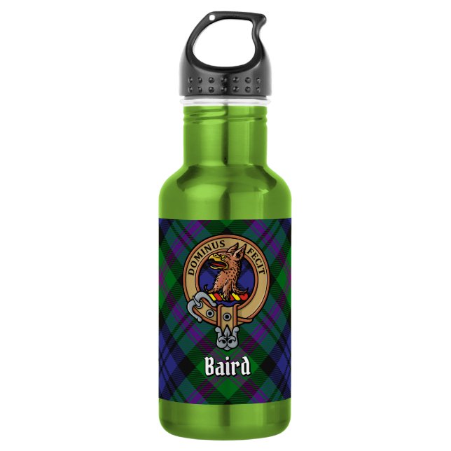 Clan Baird Wappen über Tartan Edelstahlflasche (Vorderseite)