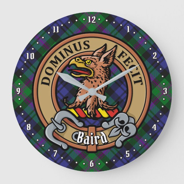 Clan Baird Wappen über Tartan Große Wanduhr (Vorderseite)