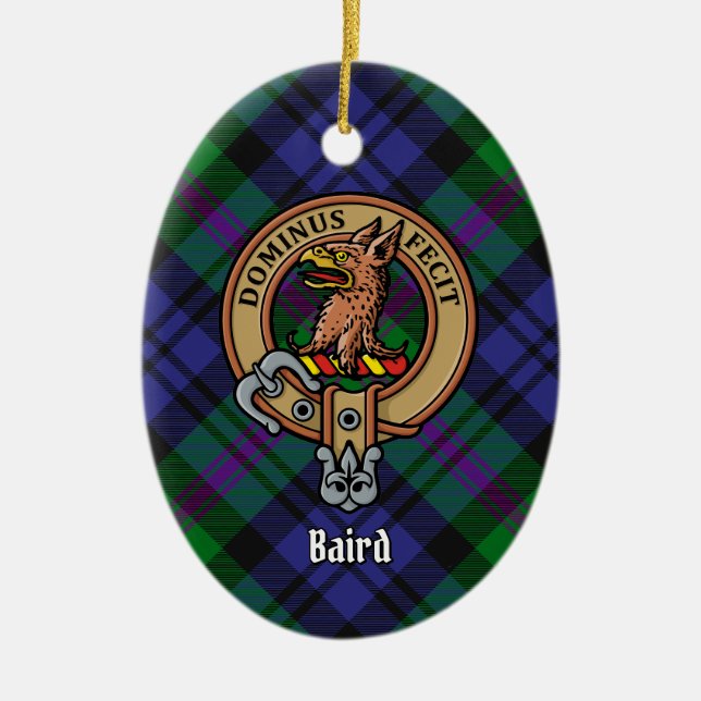 Clan Baird Wappen über Tartan Keramik Ornament (Vorne)