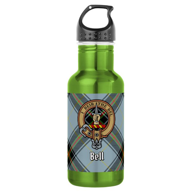 Clan Bell Wappen über Tartan Edelstahlflasche (Vorderseite)