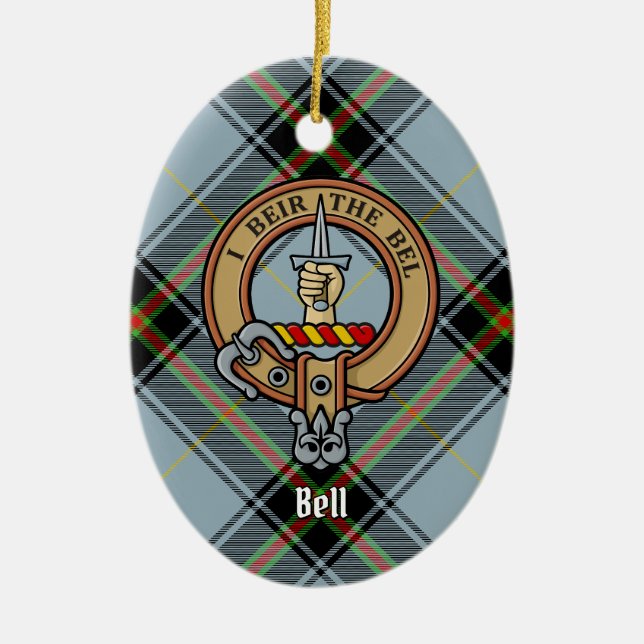 Clan Bell Wappen über Tartan Keramik Ornament (Vorne)
