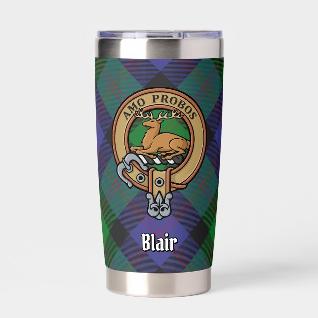Clan Blair Wappen über Tartan Thermobecher (Vorderseite)