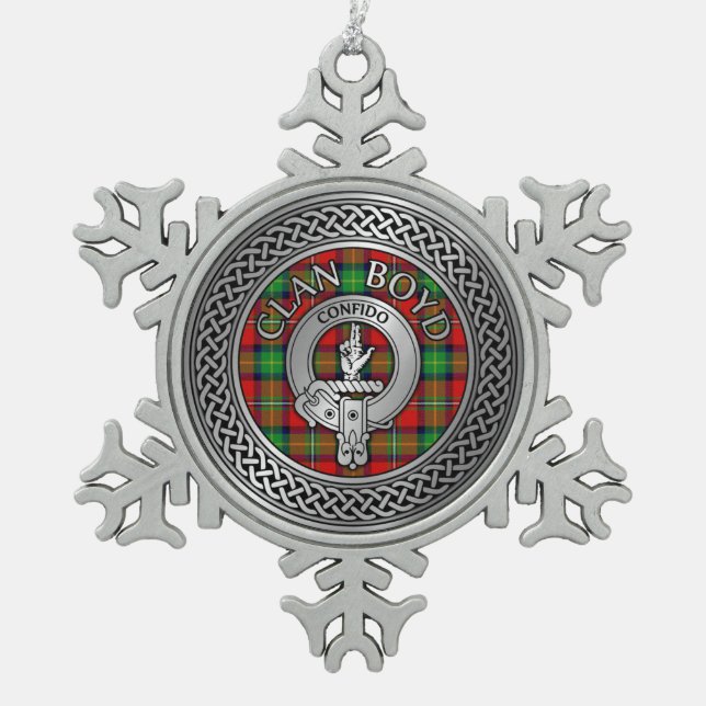 Clan Boyd Wappen & Tartan Knot Schneeflocken Zinn-Ornament (Vorderseite)