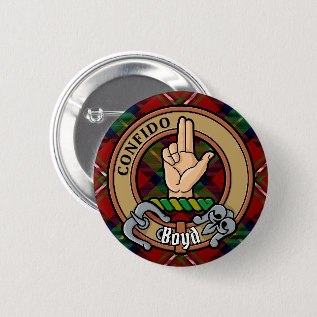 Clan Boyd Wappen über Tartan Button (Vorne & Hinten)