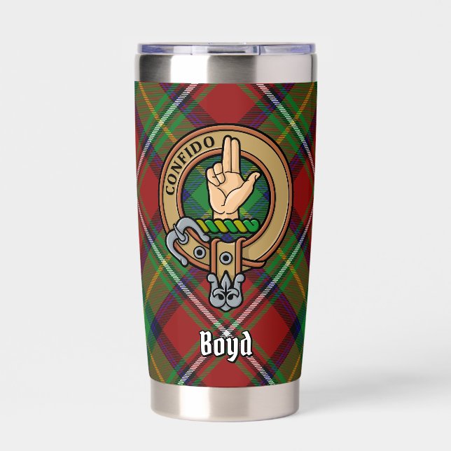Clan Boyd Wappen über Tartan Thermobecher (Vorderseite)
