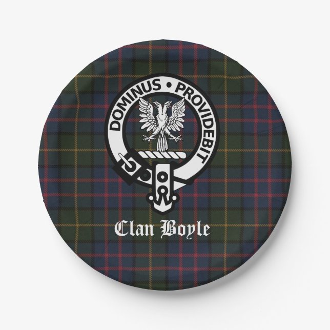 Clan Boyle Wappen Abzeichen und Tartan Pappteller (Vorderseite)