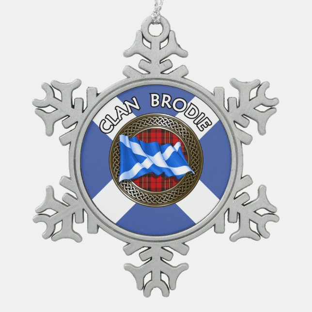 Clan Brodie Tartan Knot & Flag Schneeflocken Zinn-Ornament (Vorderseite)