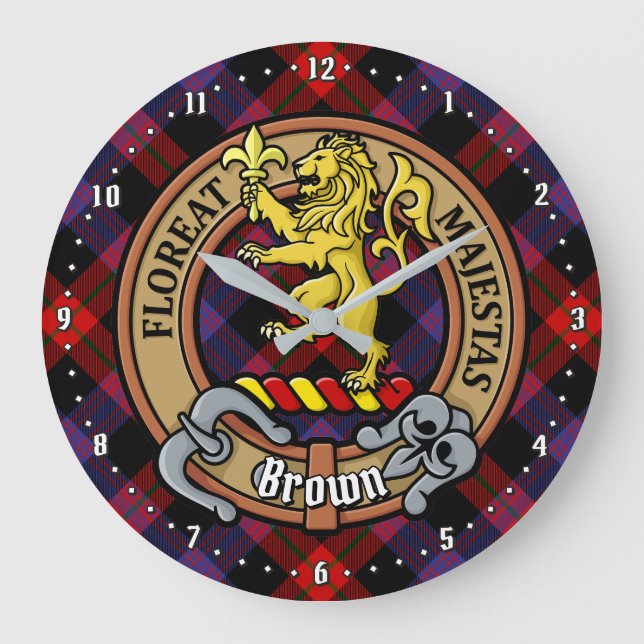 Clan Brown Wappen über Tartan Große Wanduhr (Vorderseite)