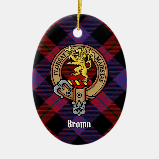Clan Brown Wappen über Tartan Keramik Ornament (Vorne)