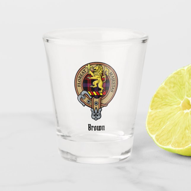 Clan Brown Wappen über Tartan Schnapsglas (Vorderseite)