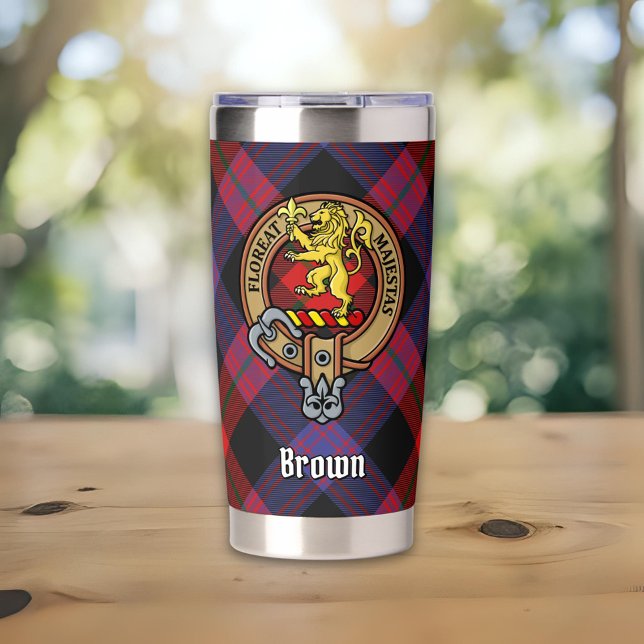 Clan Brown Wappen über Tartan Thermobecher (Von Creator hochgeladen)