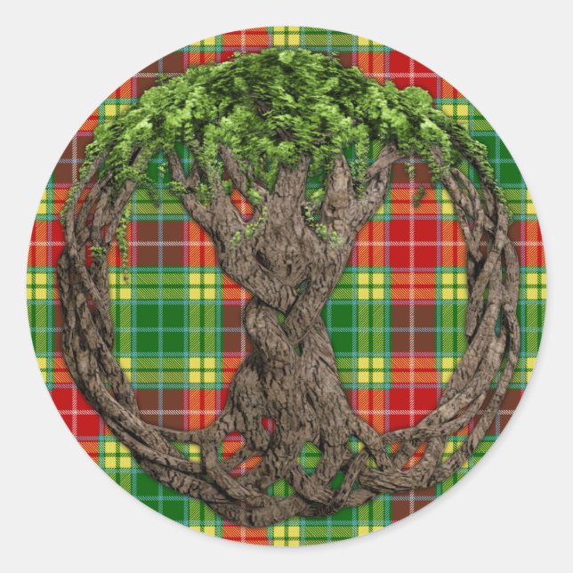 Clan Buchanan Tartan und keltischer Baum des Leben Runder Aufkleber (Vorderseite)