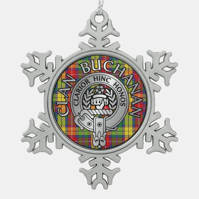 Clan Buchanan Wappen & Tartan Schneeflocken Zinn-Ornament (Vorderseite)