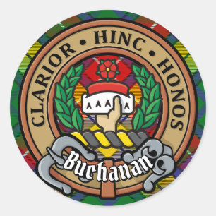 Clan Buchanan Wappen über Tartan Runder Aufkleber