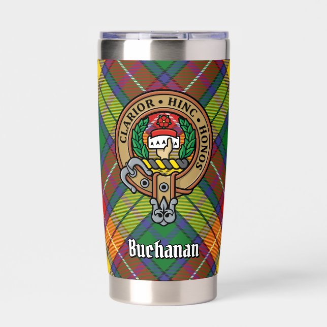 Clan Buchanan Wappen über Tartan Thermobecher (Vorderseite)