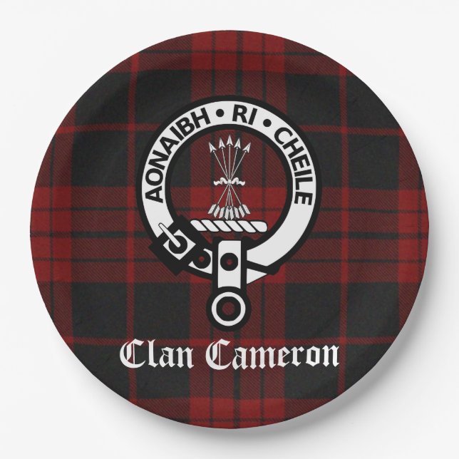 Clan Cameron Wappen Abzeichen und Tartan Pappteller (Vorderseite)