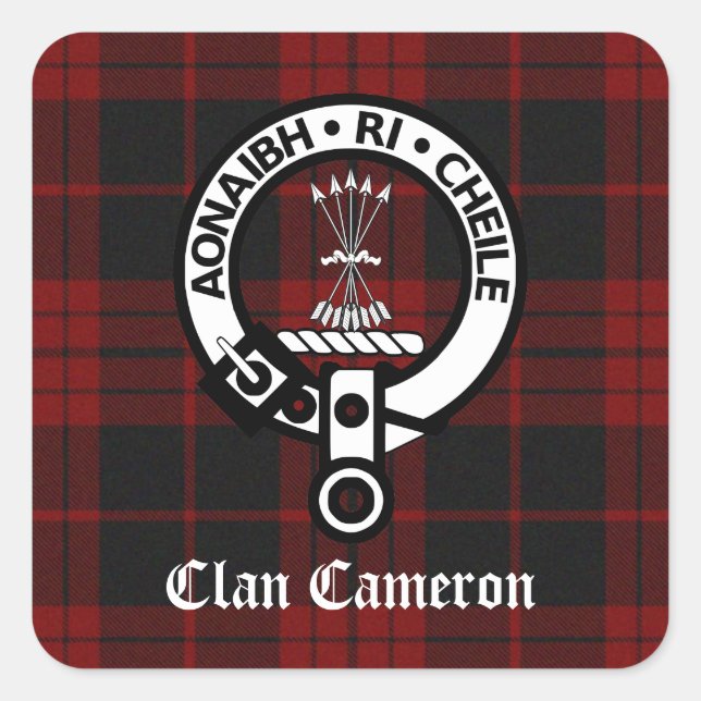 Clan Cameron Wappen & Tartan Quadratischer Aufkleber (Vorderseite)