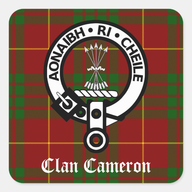 Clan Cameron Wappen & Tartan Quadratischer Aufkleber (Vorderseite)