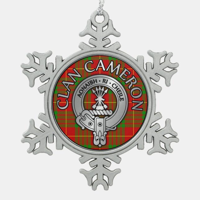 Clan Cameron Wappen & Tartan Schneeflocken Zinn-Ornament (Vorderseite)