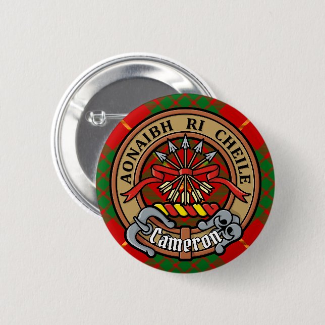 Clan Cameron Wappen über Tartan Button (Vorne & Hinten)