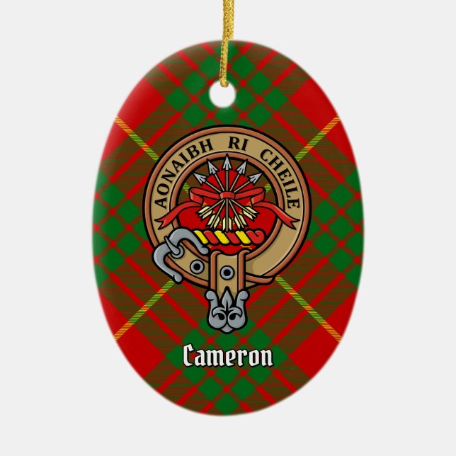 Clan Cameron Wappen über Tartan Keramik Ornament (Vorne)