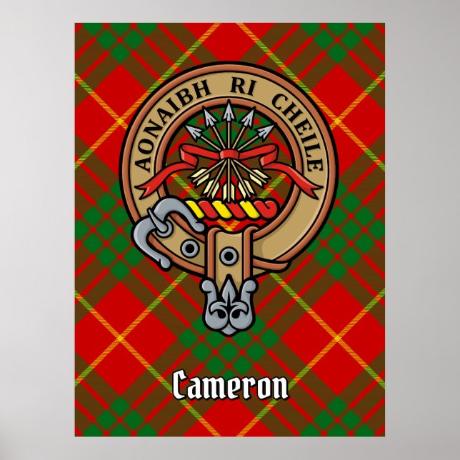 Clan Cameron Wappen über Tartan Poster (Vorne)