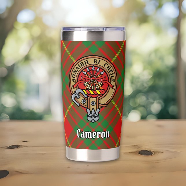 Clan Cameron Wappen über Tartan Thermobecher (Von Creator hochgeladen)