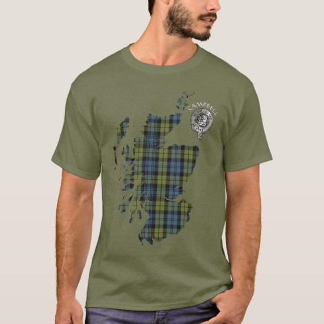 Clan Campbell Tartan Karte und Wappen T - Shirt (Vorderseite)