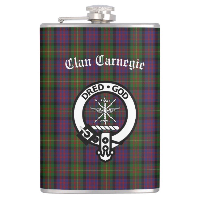 Clan Carnegie Wappen Abzeichen und Tartan Flachmann (Vorderseite)