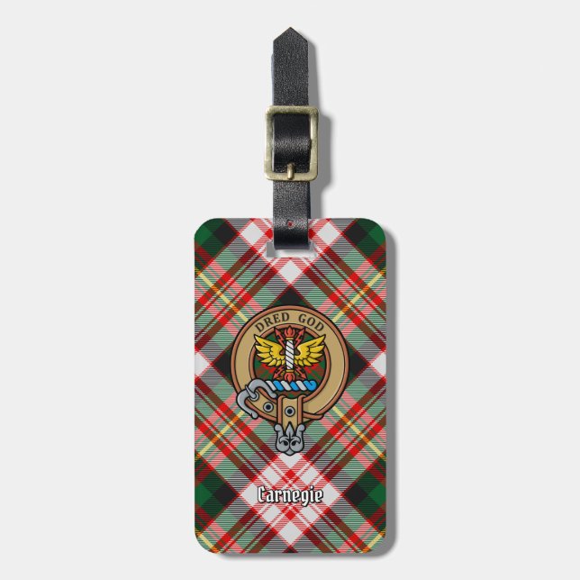 Clan Carnegie Wappen über Dress Tartan Gepäckanhänger (Vorderseite vertikal)